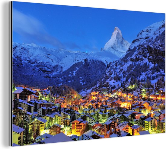 Wanddecoratie Metaal - Aluminium Schilderij Industrieel - Zonsopgang boven Zwitserse Matterhorn in Zermatt - 60x40 cm - Dibond - Foto op aluminium - Industriële muurdecoratie - Voor de woonkamer/slaapkamer