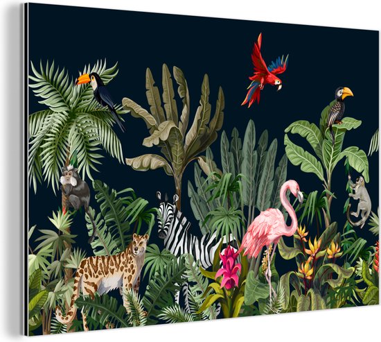 - Aluminium Schilderij - Jungle - Planten - Dieren - Kinderen - Flamingo - Zebra - Foto op aluminium