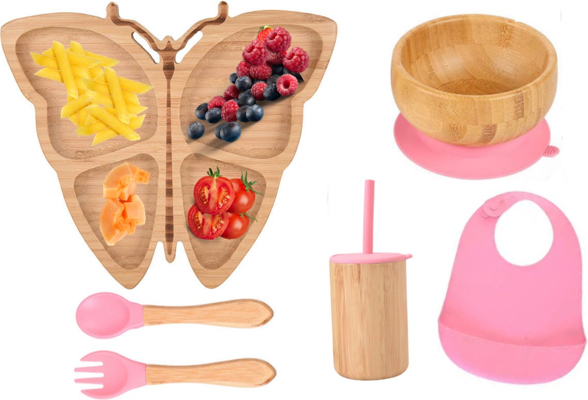 Goedkoopste Lucellia® Bamboe babyservies set – 7 Delig Vlinder Roze - Kinderservies set - Kinderbord – Kom -Met zuignap – Kinderbestek - Babybestek - Siliconen -Slabbetjes – Baby drinkbeker-Kraamcadeau meisje–Babyshower cadeau –BPA & Melamine vrij–Gece