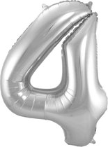 LUQ - Cijfer Ballonnen - Cijfer Ballon 4 Jaar zilver XL Groot - Helium Verjaardag Versiering Feestversiering Folieballon