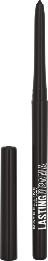 Zwarte eyeliner pen met dop ernaast. Tekst: 'MAYBELLINE NEW YORK LASTING DRAMA'.