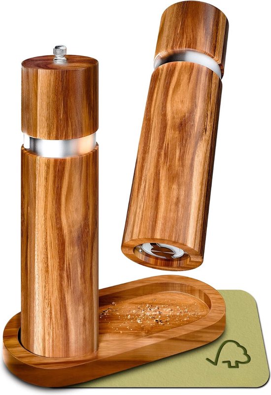 Moulins à Poivre Et Sel En Bois D'acacia - Lot De 2 Avec Mécanisme Céramique Réglable - Dessous-de-plat Inclus - Cadeau Cuisine élégant