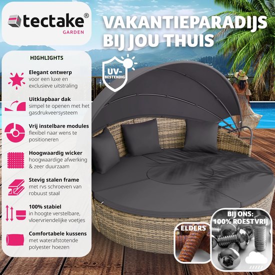 tectake® - lounge zonne-eiland - ligstoel voor 2 personen of meer, multifunctioneel balkonmeubilair, tuinligstoel weerbestendig, inclusief zit- en rugkussens - natuurkleur - Tectake