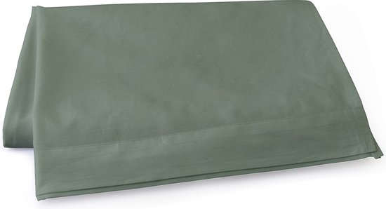 Un drap uni en coton percale vert clair avec un ourlet cousu sur le bord inférieur.