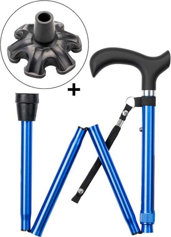 Wandelstok opvouwbaar Blauw met ergonomisch comfort handvat en polsbandje - Loopstok - Verstelbaar 82 - 94 cm - Lichtgewicht - Incl. 6-poot stokdop