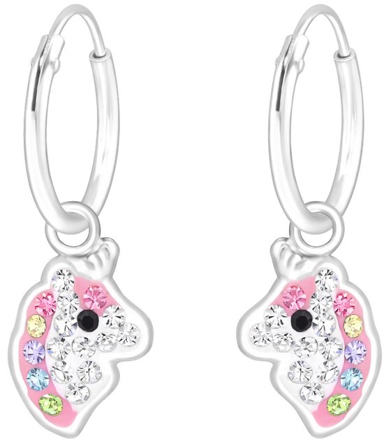 Joy|S - Zilveren eenhoorn bedel oorbellen - oorringen - unicorn wit roze met gekleurde kristalletjes - kinderoorbellen