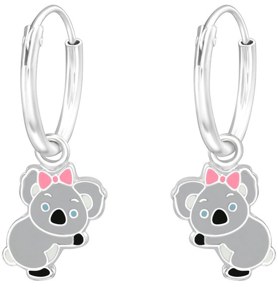 Joy|S - Zilveren koala bedel oorbellen - oorringen - grijs met roze strikje - kinderoorbellen