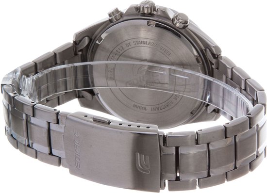 Zilverkleurig Casio Edifice horloge, zijaanzicht met openklapbare sluiting.