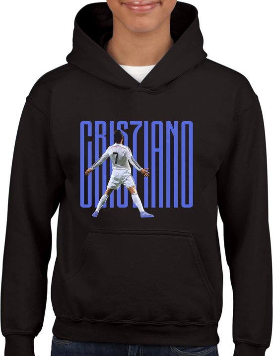 Ronaldo - Sweat à capuche Kinder - Zwart - Taille 134/140 - Sweat à capuche 9 à 10 ans - Maillot de Voetbal - Cadeau - Sweat à capuche - CR7 - football - anniversaire - Sweat à capuche unisexe Kids - Texte bleu