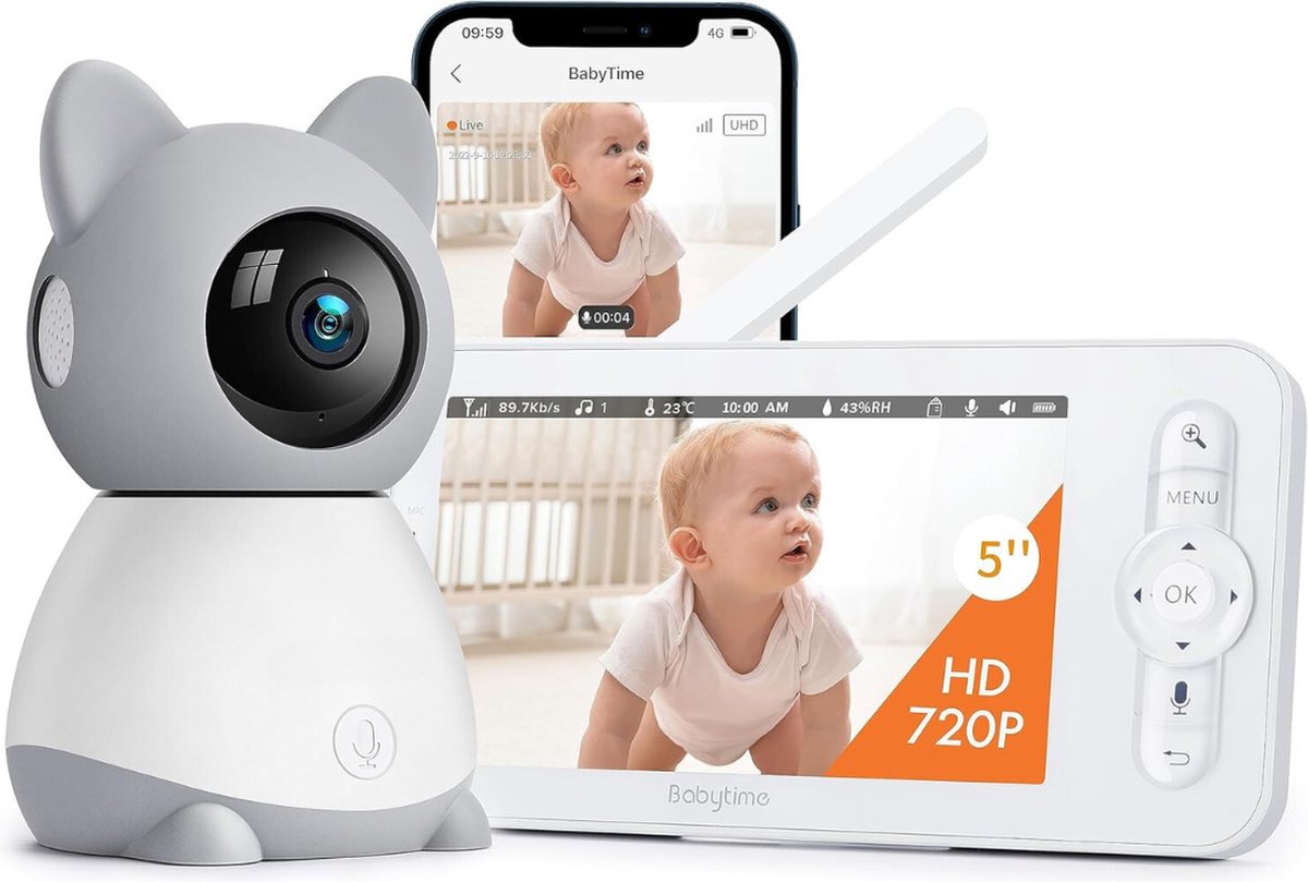 Babyfoon Video - 5 Inch Kleurendisplay - 3MP Pan/Tilt-Camera - Infrarood Nachtzicht, 2-Weg Audio, Temperatuur- En Geluidsalarm - Haarscherp Beeld, Slimme Functionaliteiten en Geruststellend Ouderschap