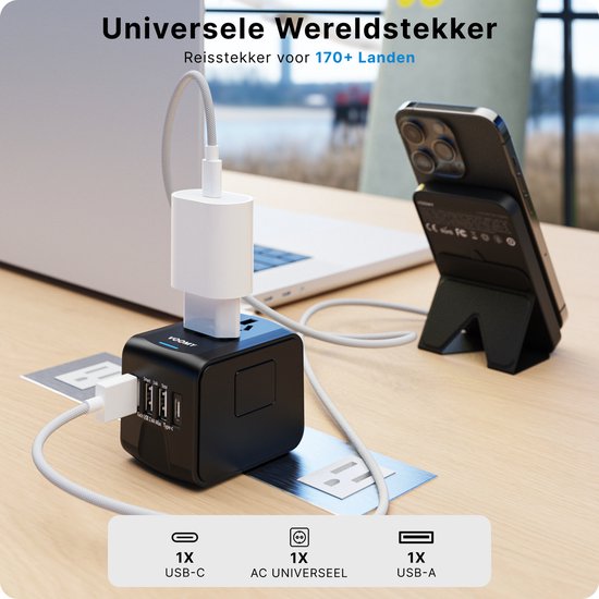 Voomy World Plug Universal - 4 Portes USB - Plus de 150 Landen - Prise de voyage Angleterre et Amérique - Zwart