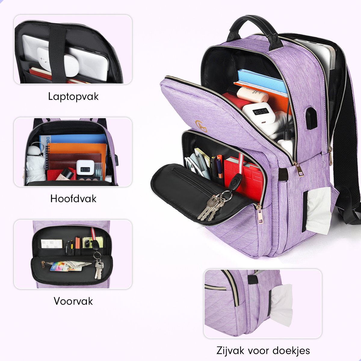 AG Luxe Rugzak Dames Lila - Rugzakken - Rugtassen - Meisje - Laptop - 26L - School - Kind - Backpack Waterafstotend- Schooltas - Reizen & Werken - Anti Diefstal Ontwerp - Inclusief Usb Oplaadstation – foto 5