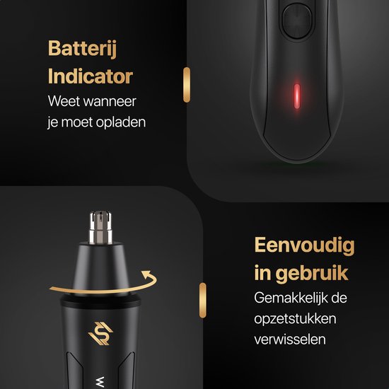 Close-up van een zwarte Wellshave trimmer met een rode batterij indicator en een draaiende kop.