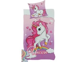 foto van Dekbedovertrek Unicorn - Rainbow - Roze - Microvezel - Eenpersoons - 140x200 + 60x70 cm