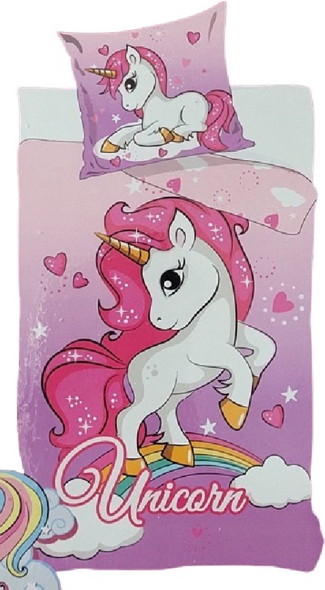 Dekbedovertrek Unicorn - Rainbow - Roze - Microvezel - Eenpersoons - 140x200 + 60x70 cm