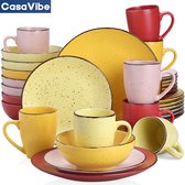 CasaVibe Luxe Serviesset – 32 delig – 8 persoons – Porselein - Bordenset – Dinner platen – Dessertborden - Kommen - Mokken - Set - Rood - Geel - Roze