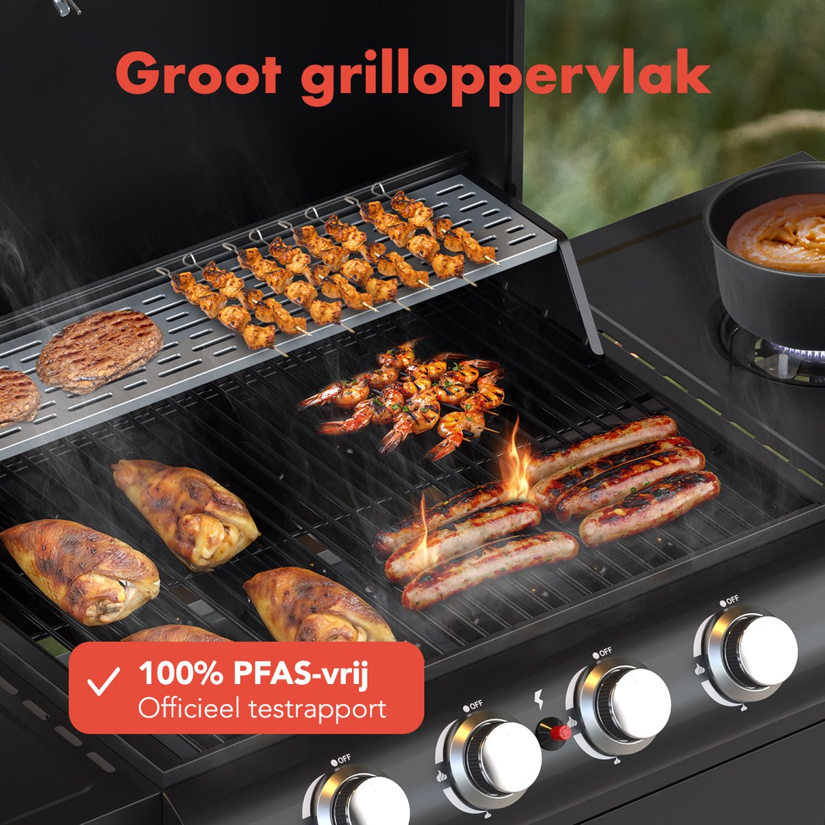 KitchenBrothers Gas BBQ - Gasbarbecue met zijbrander - 5 Branders - PFAS Vrij - Met Gasaansluiting - 42x57cm Grilloppervlak - Extra Opbergruimte - Zwart – foto 4