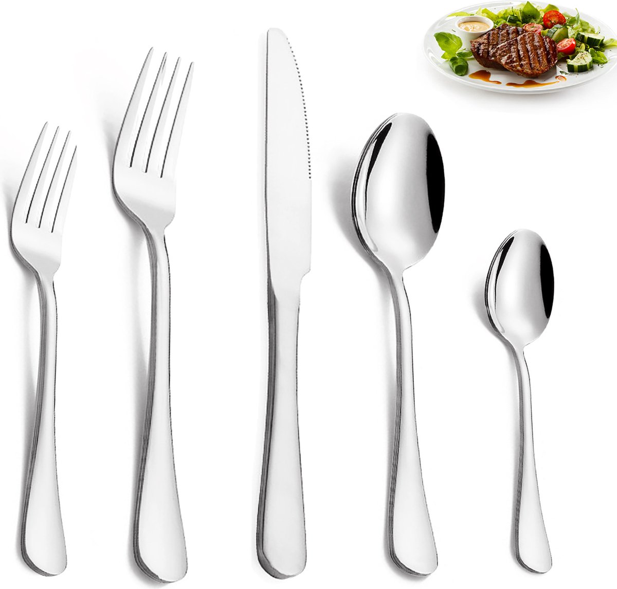 TAN.TOMI Bestekset 6 Persoons Bestek (30-delig) Lepels Messen Vorken & Steakmessen Vaatwasserbestendig Zilver RVS
