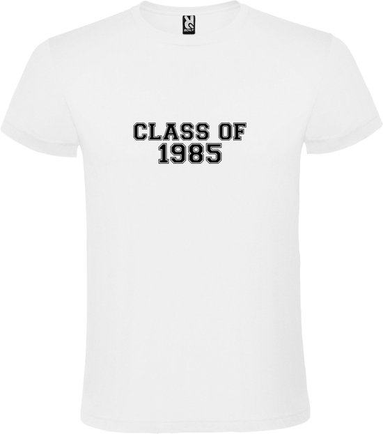 Wit T-Shirt met “Class of 1985 “ Afbeelding Zwart Size 4XL