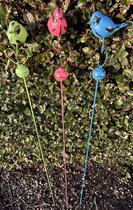 Metalen tuinstekers "vogels op hart "- Set van 3 stuks - Blauw / roze / groen - hoogte 98 x 12 x 1 cm - Tuindecoratie - Tuinaccessoires - Tuinstekers