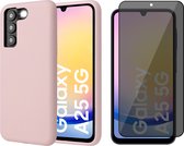 Hoesje geschikt voor Samsung Galaxy A25 / A24 - Privacy Screenprotector Volledig Dekkend Glas - Mat Back Case Roze