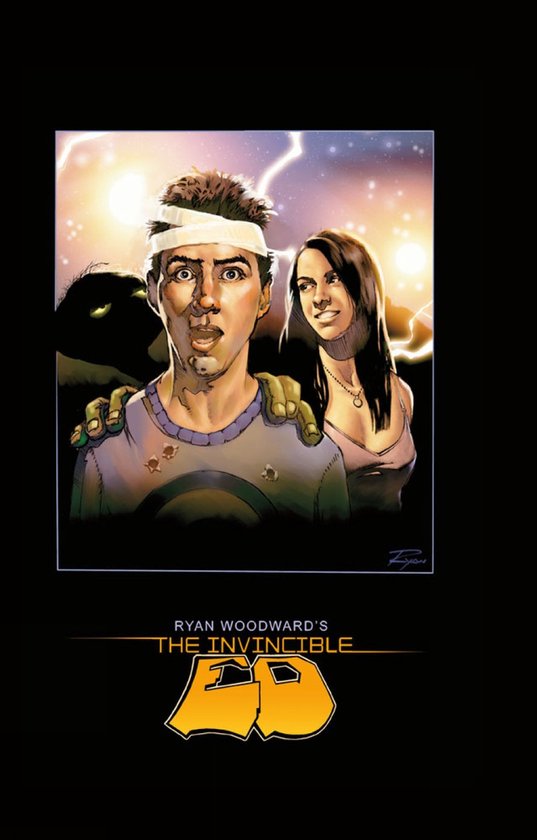 Illustratie van 'The Invincible Ed' met een man met verband om zijn hoofd en een vrouw erachter. De titel 'Ryan Woodward's The Invincible Ed' staat onderaan.