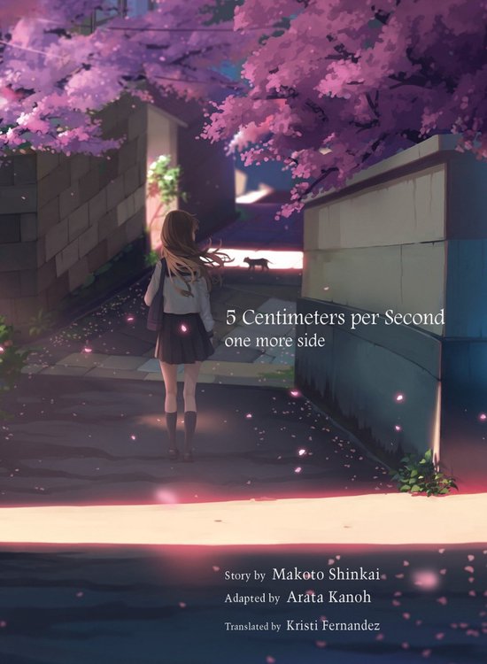 Een anime-illustratie van een meisje dat onder bloeiende kersenbloesems loopt. Tekst: 5 Centimeters per Second.