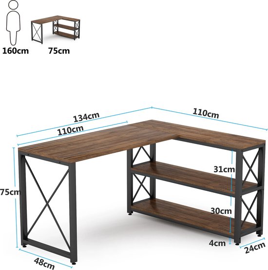 B.O.S. L Vormig Hoekbureau - Bureau - L Vorm - Met Opbergplanken - 134x110x75