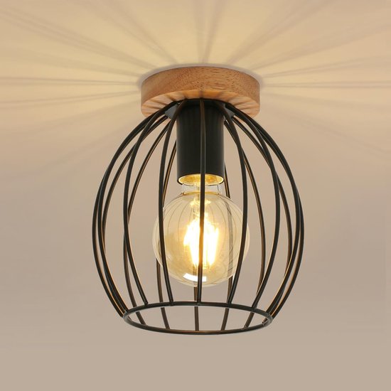 Goeco Plafondlamp - 17cm - Klein - E27 - Zwarte - Semi Inbouw Plafondlamp - Retro Industriële - Metalen Kooi Plafondlampenkap