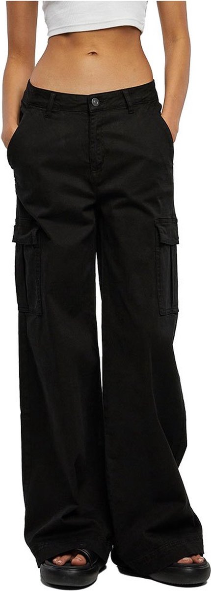 Urban Classics High Waist Wide Leg Twill Cargobroek Taille 28 inch Zwart