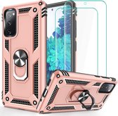 Hoesje Geschikt Voor Samsung Galaxy S20 FE Hoesje Armor case Ring houder / vinger houder TPU backcover - Rose Goud met 2 pack screenprotector