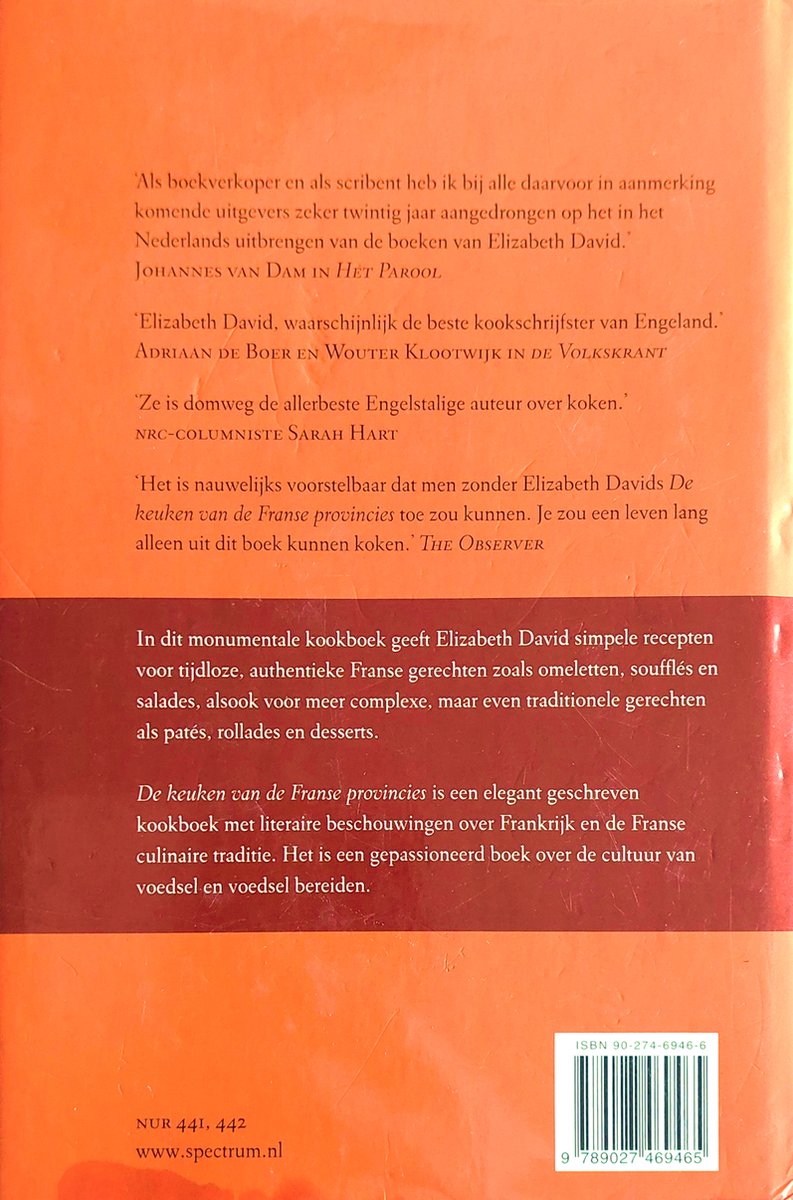 Boekrug van 'De keuken van de Franse provincies' door Elizabeth David met citaten en ISBN.