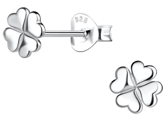 Joy|S - Zilveren klaver oorbellen - 6 mm - hartjes blad - klavertje vier - oorknopjes - massief - sterling zilver 925