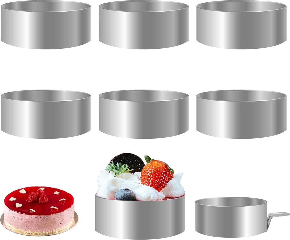 Dessertringen en voedselringen 6-delige voedselringen ringenset klein roestvrijstalen mousseringen passende dessertring met 1 lifter 1 stempel voor desserts taarten doe-het-zelf diameter 8 cm hoogte 3 6 cm