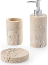 Ensemble de salle de bain 3 pièces Navaris en Beige - Set distributeur de savon, gobelet à brosse à dents et porte-savon - Accessoires de salle de bain - Couleur pierre naturelle