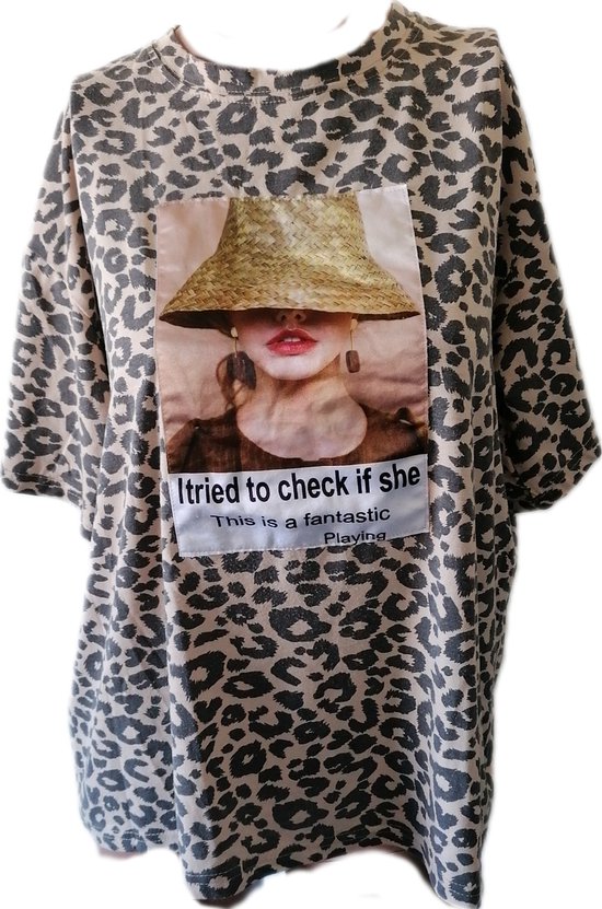 Dames - T-shirt - Dames - Kleur panterprint met afbeelding en tekst - Maat 38