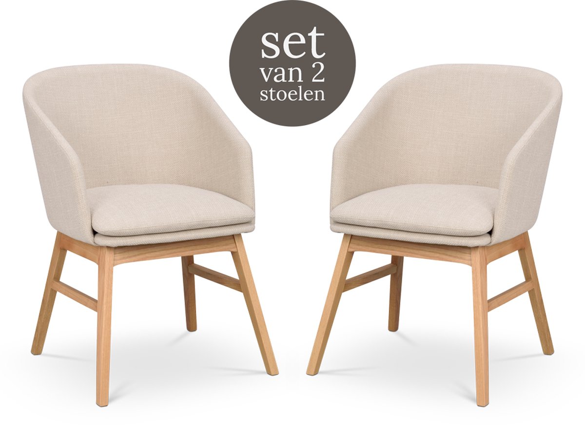 Rowico Home Windham Eetkamerstoel Beige - Naturel Eiken Onderstel - Met Armleuning - Stof - Houten Poten - Set van 2 Eetkamerstoelen