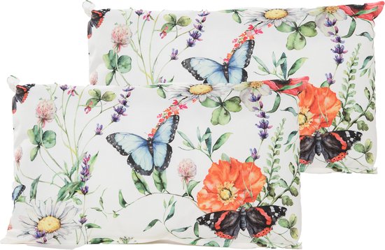 Anna's Collection Sierkussen voor binnen en buiten - 2x - vlinders - wit - 30 x 50 cm - tuinkussen