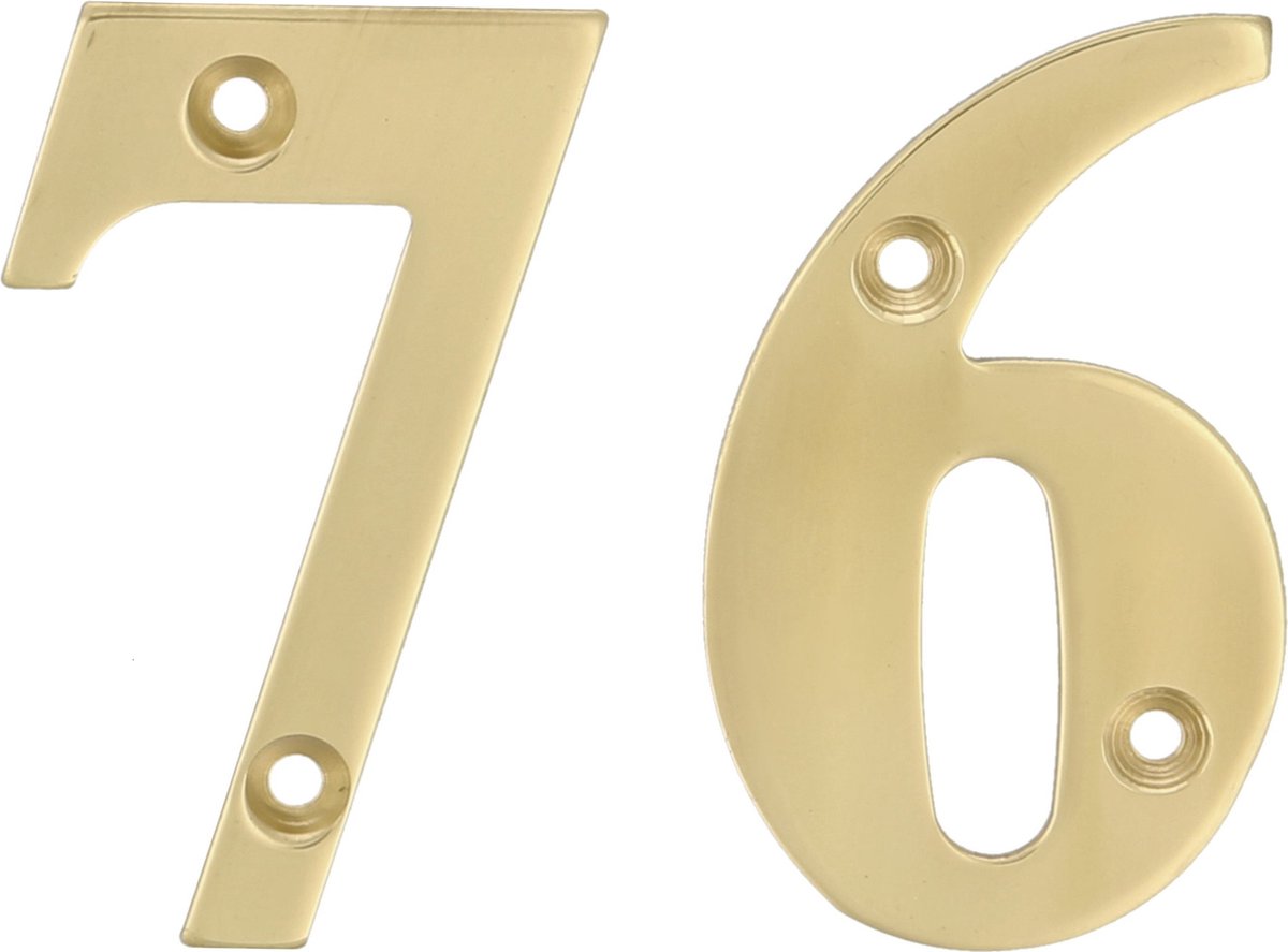 AMIG Huisnummer 76 - massief messing - 5cm - incl. bijpassende schroeven - gepolijst - goudkleur