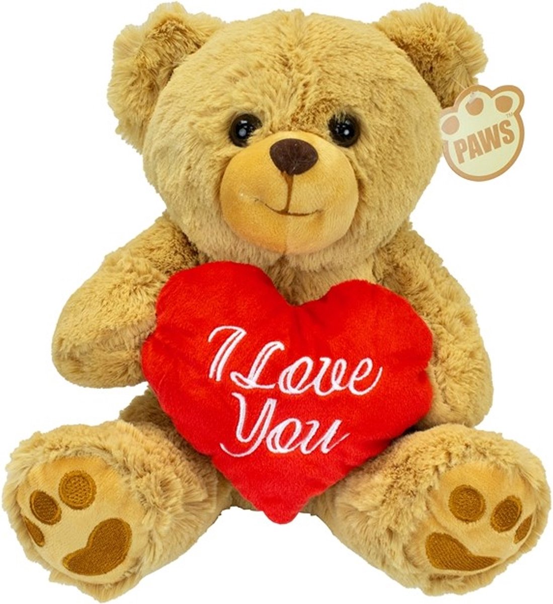 Heunec Valentijn I Love You knuffel beertje - zacht pluche - rood hartje - cadeau - 26 cm - lichtbruin