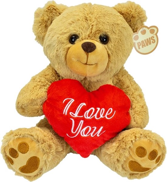 Dino Puppets Valentijn I Love You knuffel beertje - zacht pluche - rood hartje - cadeau - 26 cm - lichtbruin