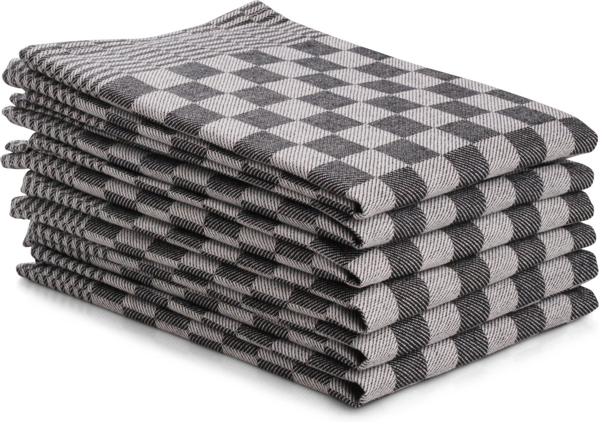 DoubleDry Theedoeken - 6 stuks - 50x70 cm - 100% katoen - blokpatroon - geblokt - horeca ruit - zwart