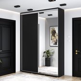 Hoge kledingkast met 2 schuifdeuren - Kledingkast met spiegel - 180x242x45 cm - Zwart - Aluminium handgrepen - Interieur met planken en roede - Hoge kwaliteitsgarantie