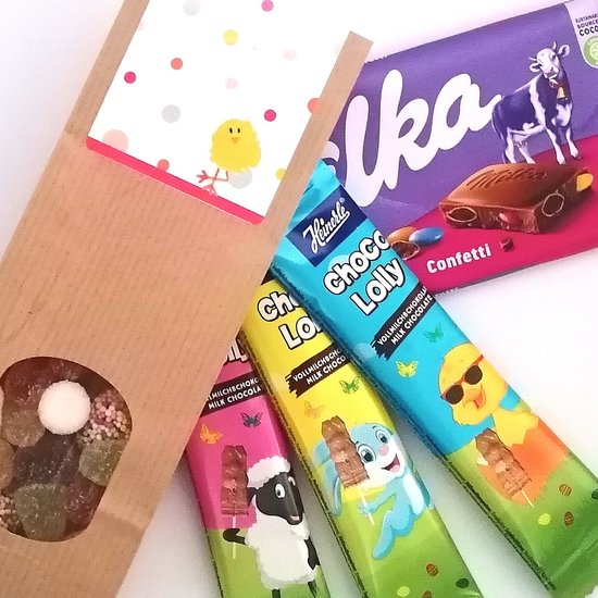 Pasen chocolade cadeau - brievenbuspakket Vrolijk Pasen - Pasen chocolade lolly - Tum Tum - Milka confetti chocolade - Lekker & Zoet