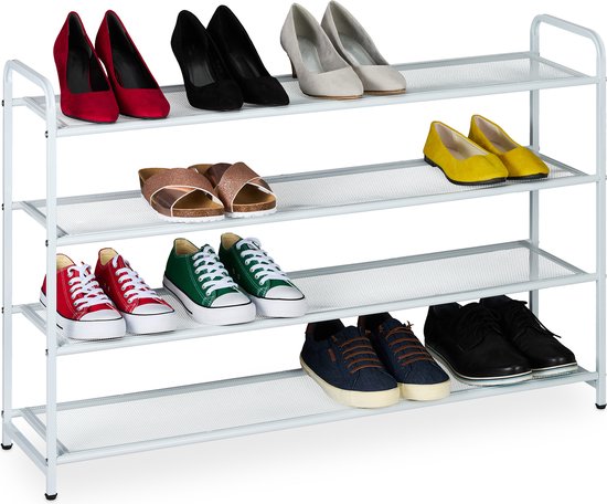 Relaxdays schoenenrek wit - 4 etages - gang - voor 16 paar - 65 x 100 x 25,5 cm - smal