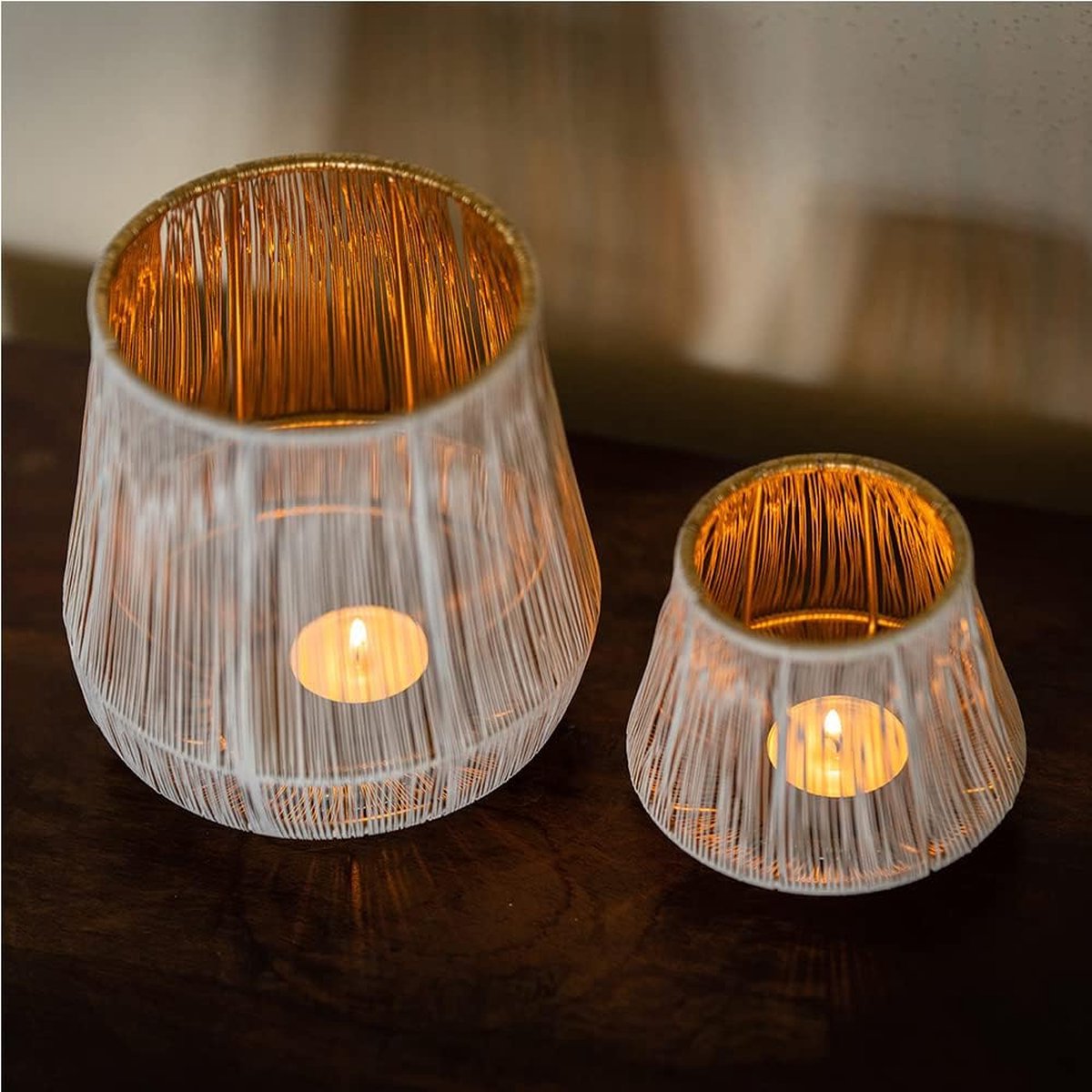 Lantaarn wit goud metaal set van 2, 15 + 9 cm hoog, Boho lantaarn, trendy theelichthouder, draad, moderne lantaarn tafeldecoratie