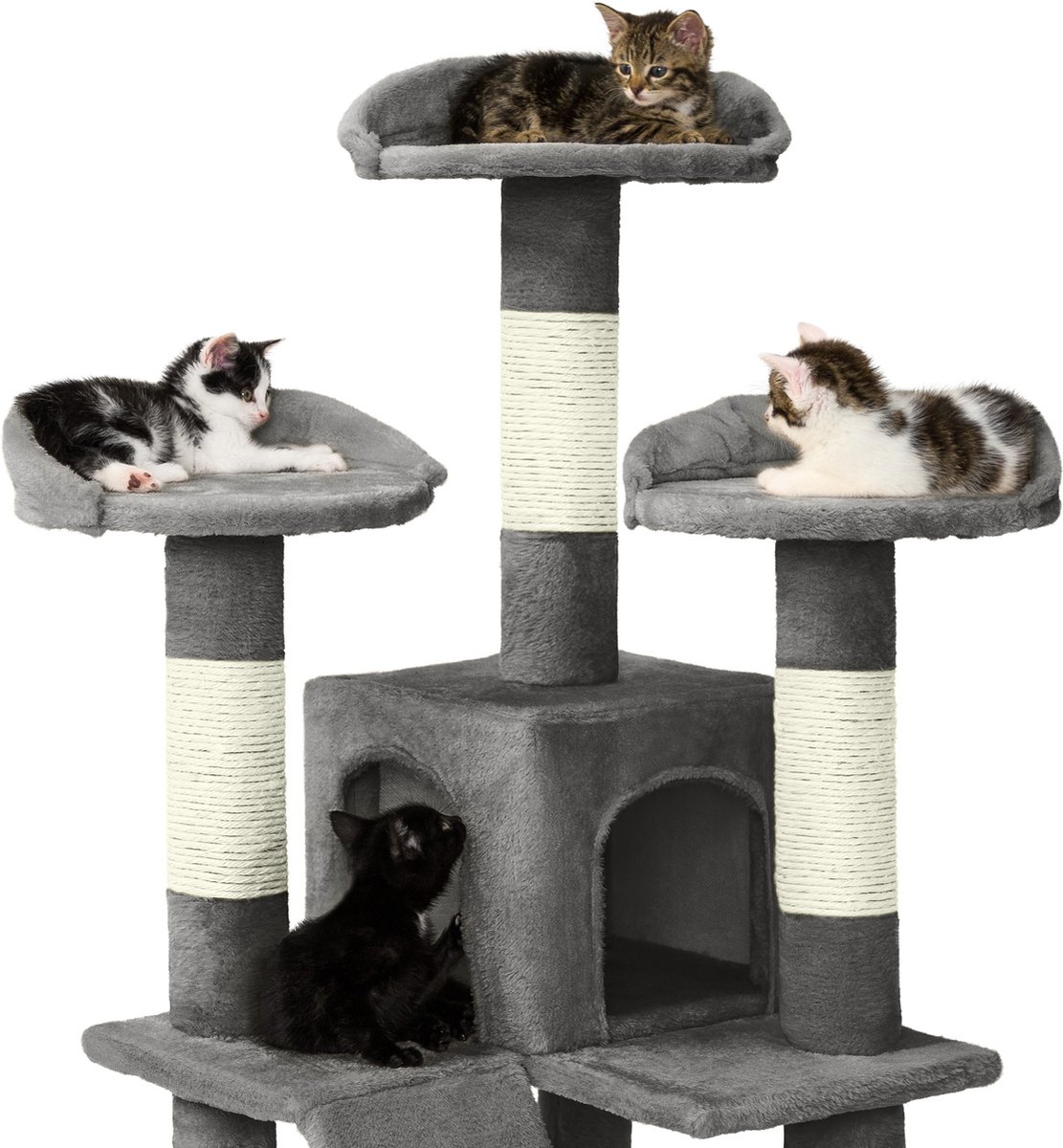 tectake® Kattenkrabpaal groot - Kattenboom met 3x sisal krabpaal en kattenaccessoires- 3x ligplaats en 1x kattenhuisje, 2x kattentrap - Middelhoog voor katten, kittens en katers - 170cm hoog - Grijs thumbnail 4