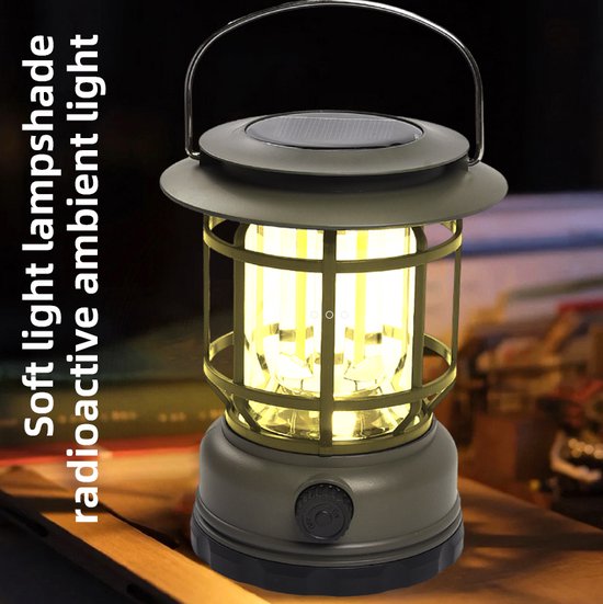 Multifunctionele Compacte Kampeerlamp met Powerbank - Duurzaam, Dimbaar & Waterdicht - USB/Zonne-Energie Opladen - Ideaal voor Outdoor & Tuin-zwart