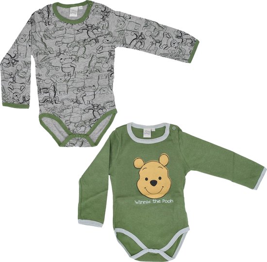 Deux bodies Disney bébé à manches longues. Un vert avec imprimé Winnie l'Ourson, un gris avec divers personnages de Winnie l'Ourson.