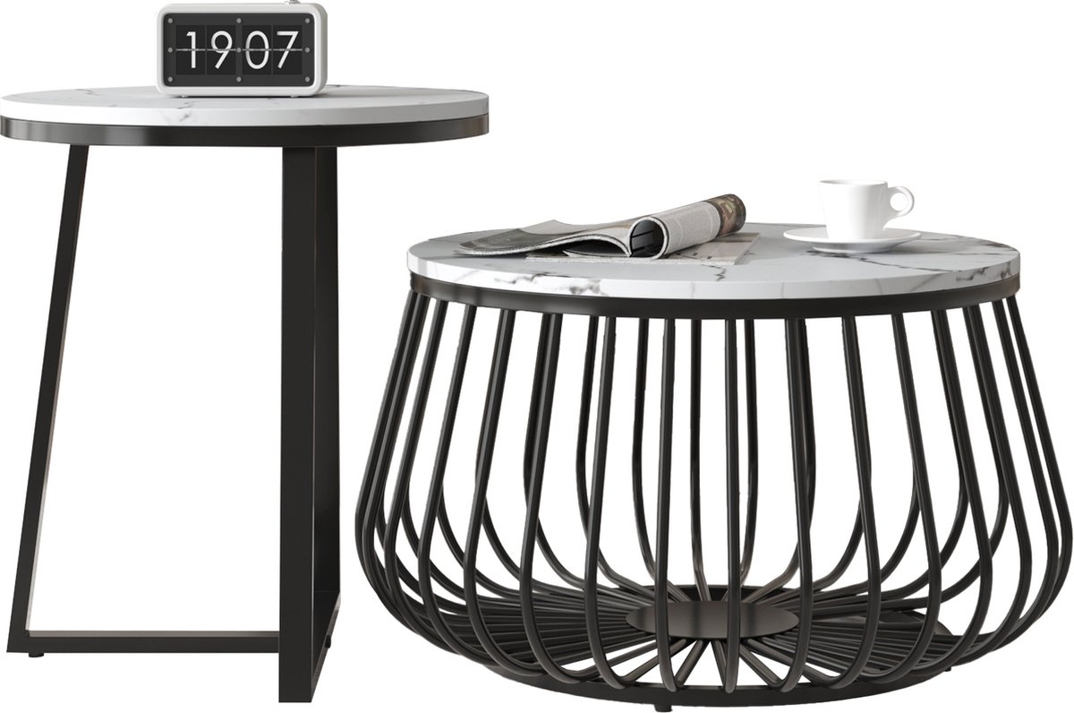 Merax Salontafel Set van 2 - Salontafels met Marmer Look - Incl. Huisdier Plek - Wit met Zwart